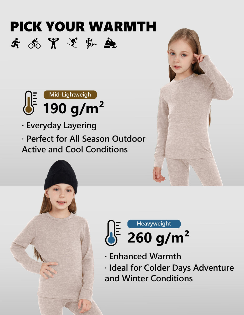 Woolcano Kid's 260g Merino Wool Unisex Base Layer Set Lightweight Thermal Underwear