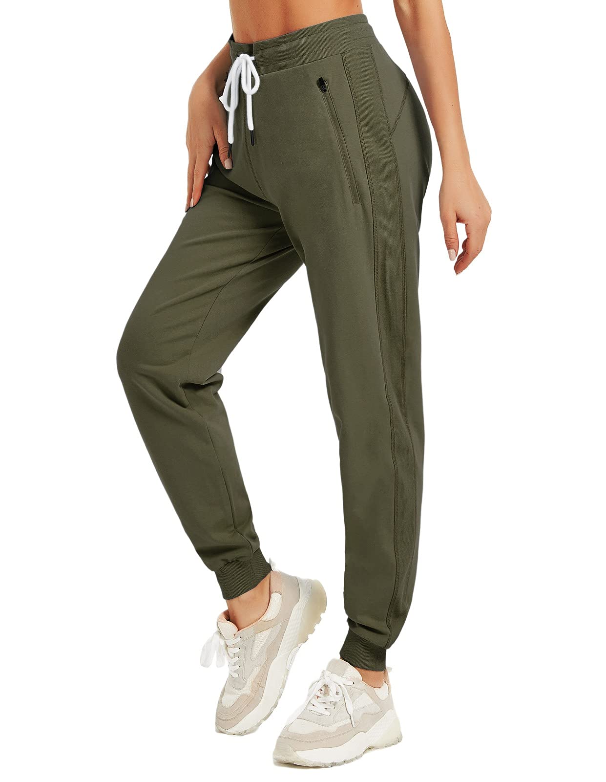 PULI Women's Workout Sweatpants Cotton Jogger Ribber Splicing Lounge Sweat Pants with Zipper Pocket