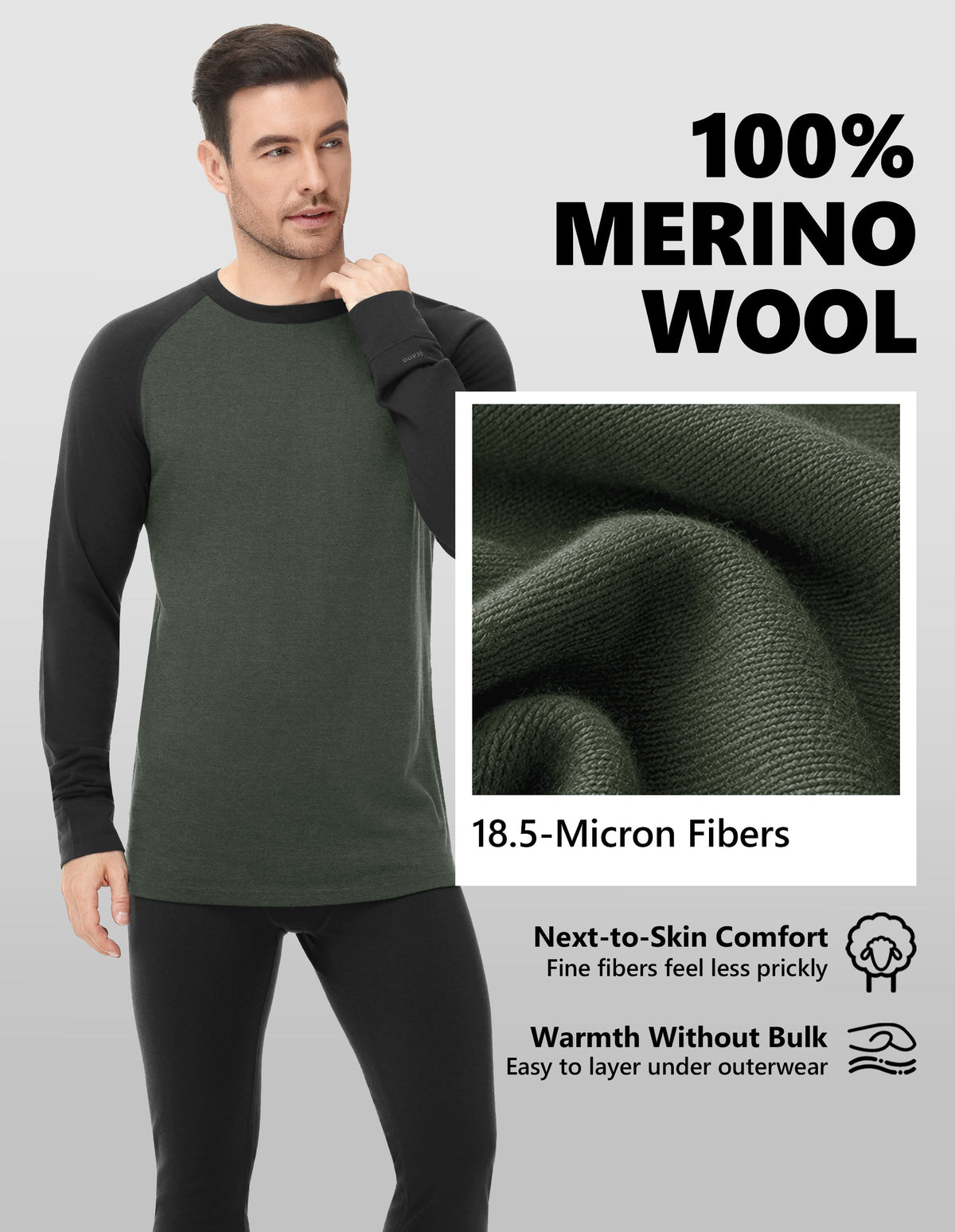 Woolcano Men’s 260g Merino Wool Base Layer Set Lightweight Thermal Underwear