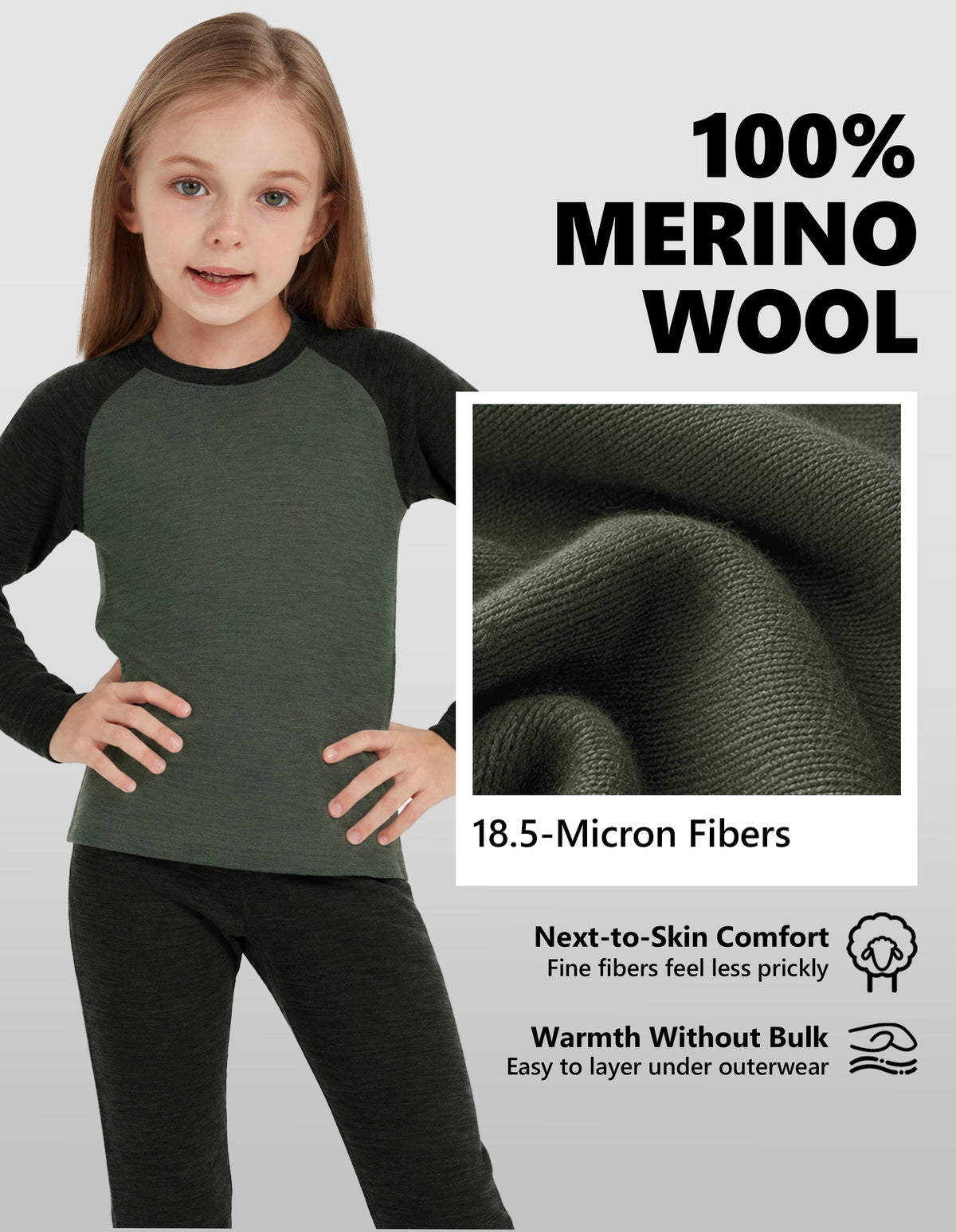 Woolcano Kid's 260g Merino Wool Unisex Base Layer Set Lightweight Thermal Underwear