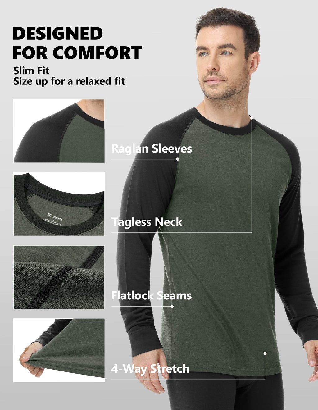 Woolcano Men’s 260g Merino Wool Base Layer Set Lightweight Thermal Underwear
