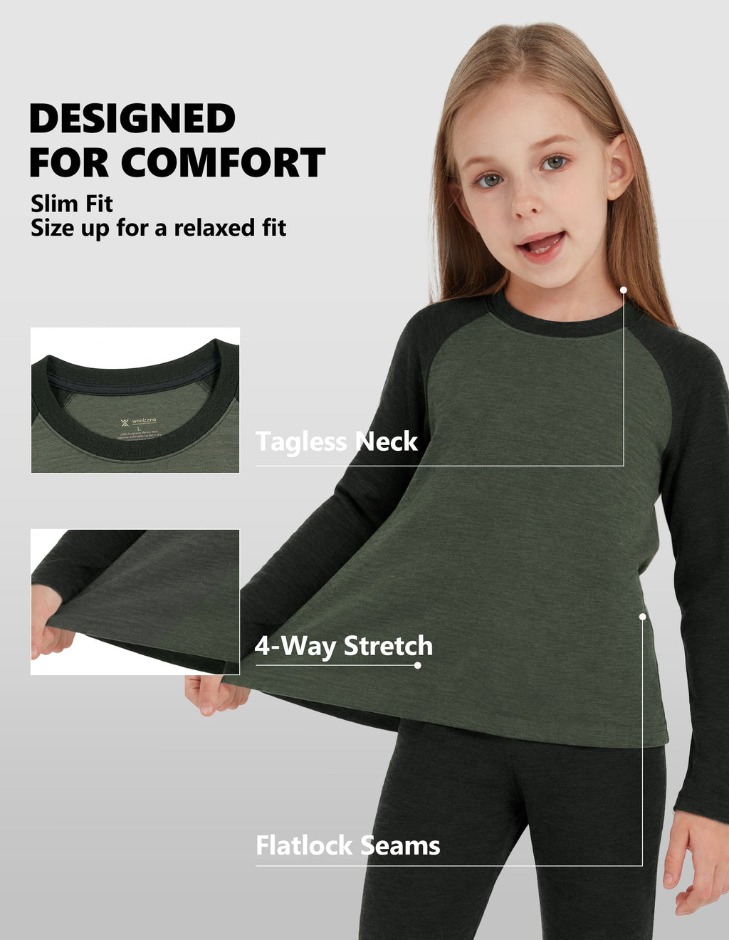 Woolcano Kid's 260g Merino Wool Unisex Base Layer Set Lightweight Thermal Underwear