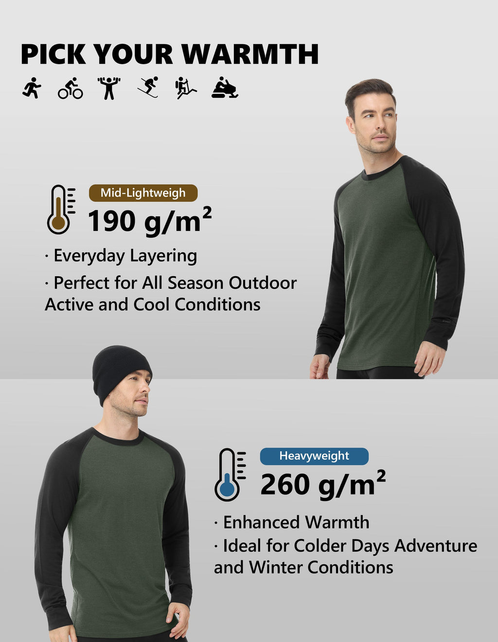 Woolcano Men’s 260g Merino Wool Base Layer Set Lightweight Thermal Underwear