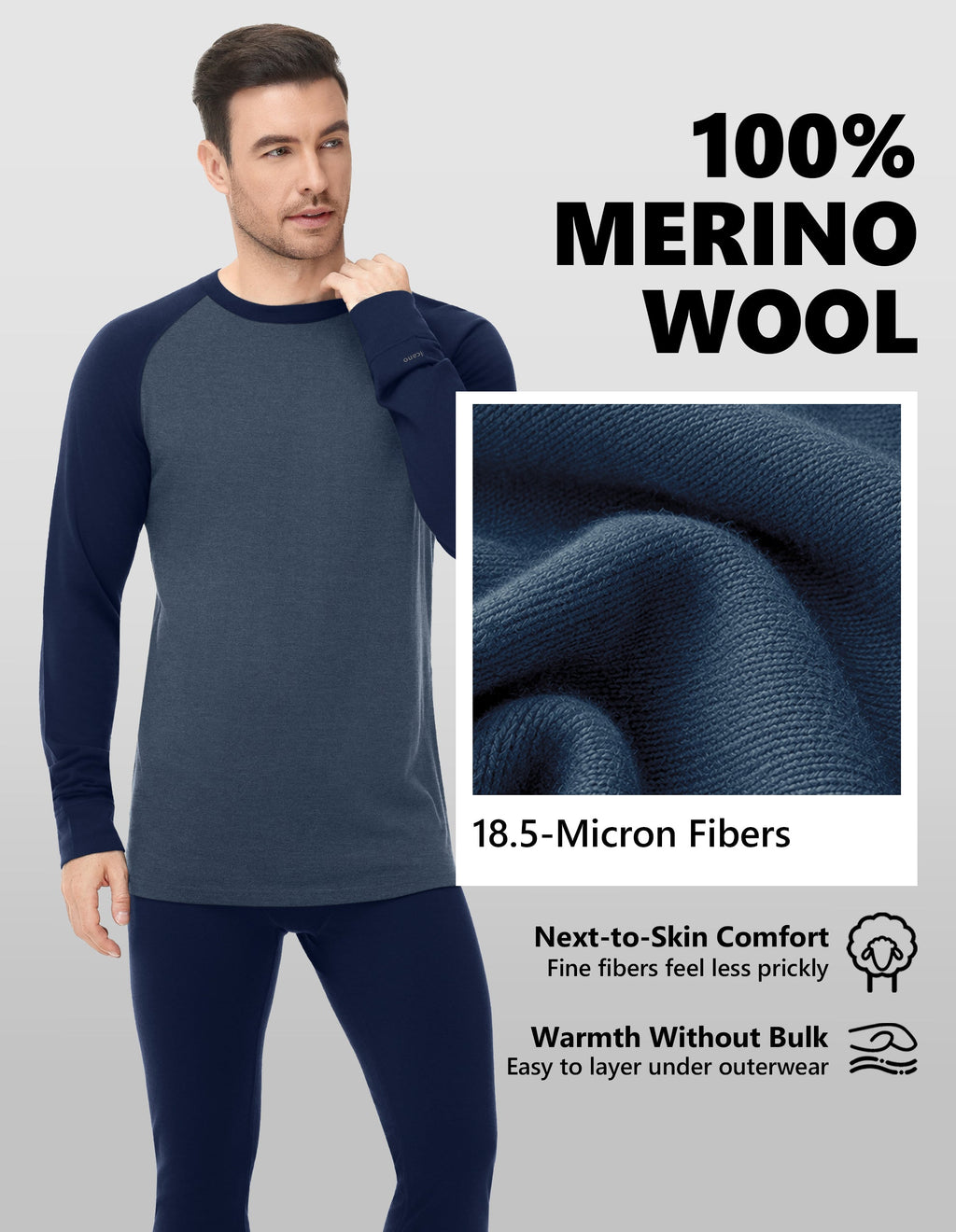 Woolcano Men’s 260g Merino Wool Base Layer Set Lightweight Thermal Underwear