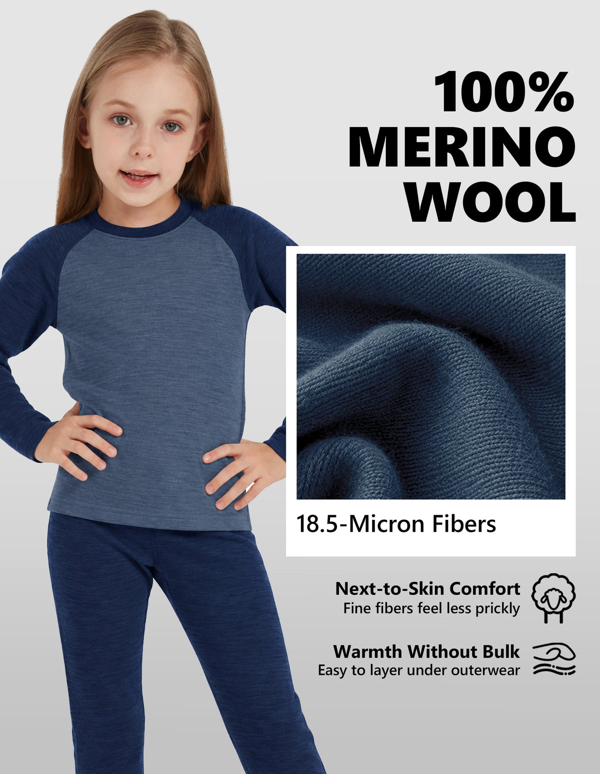 Woolcano Kid's 260g Merino Wool Unisex Base Layer Set Lightweight Thermal Underwear