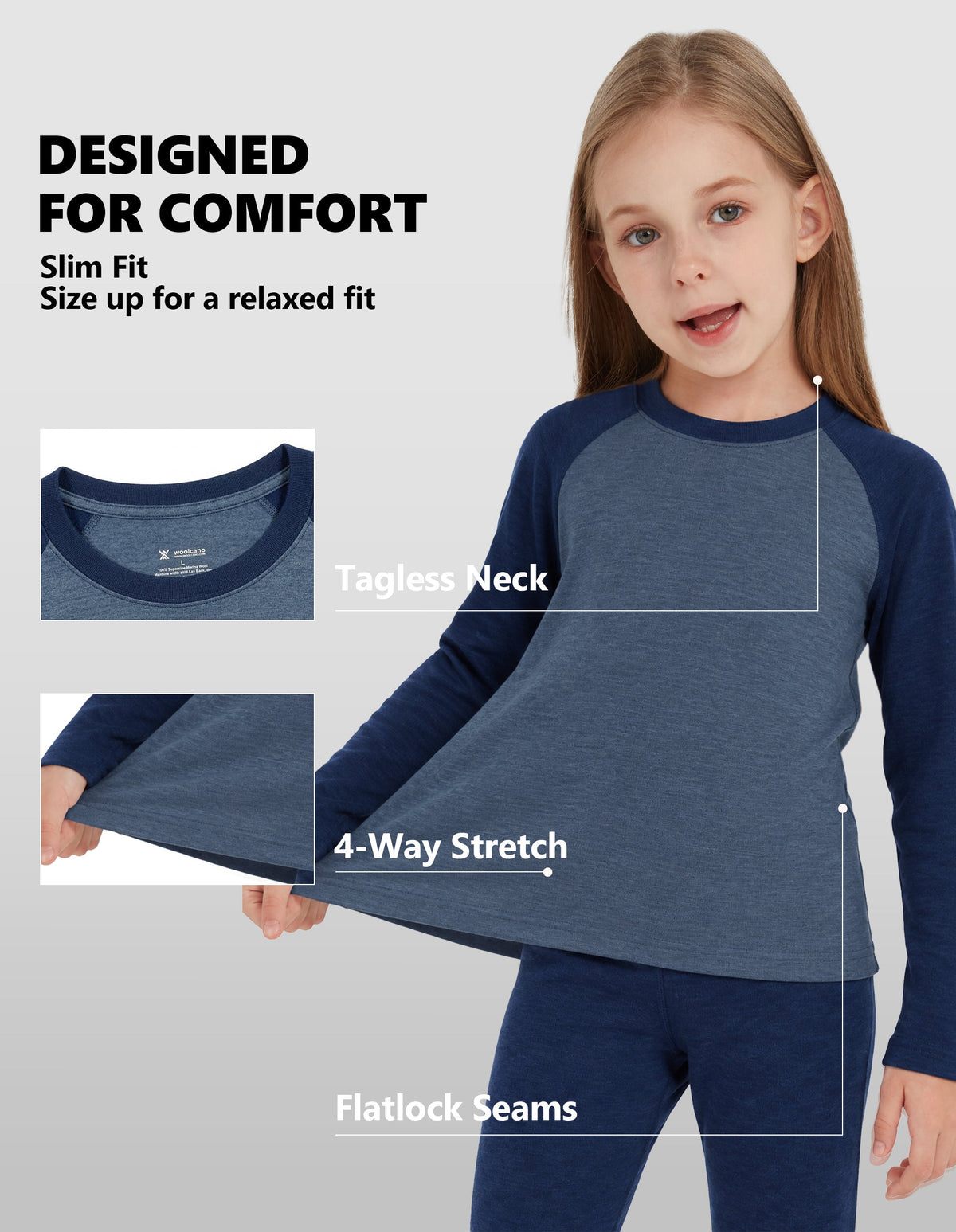 Woolcano Kid's 260g Merino Wool Unisex Base Layer Set Lightweight Thermal Underwear