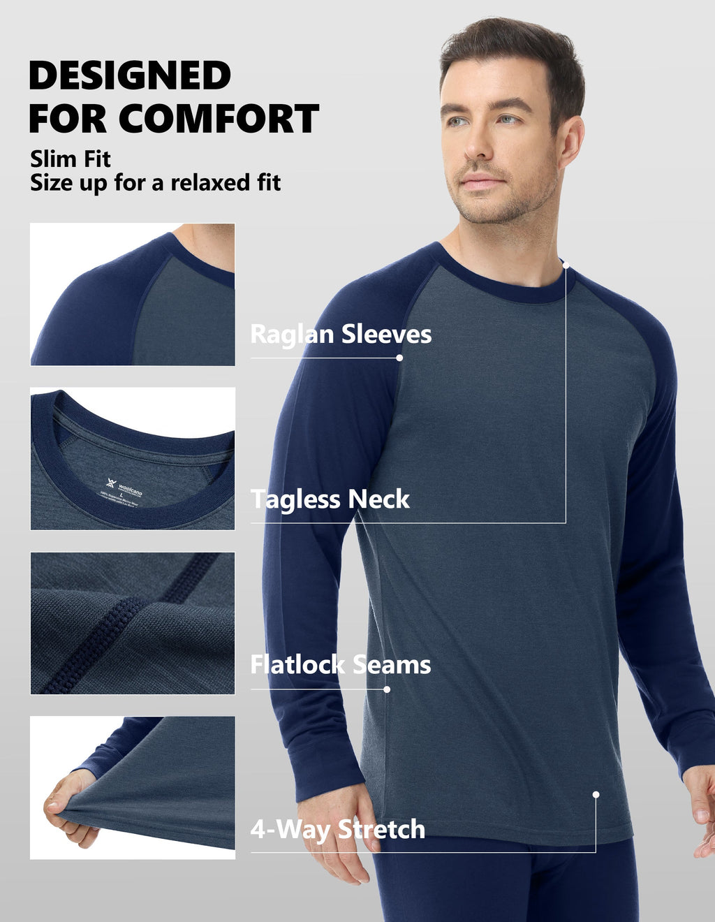 Woolcano Men’s 260g Merino Wool Base Layer Set Lightweight Thermal Underwear