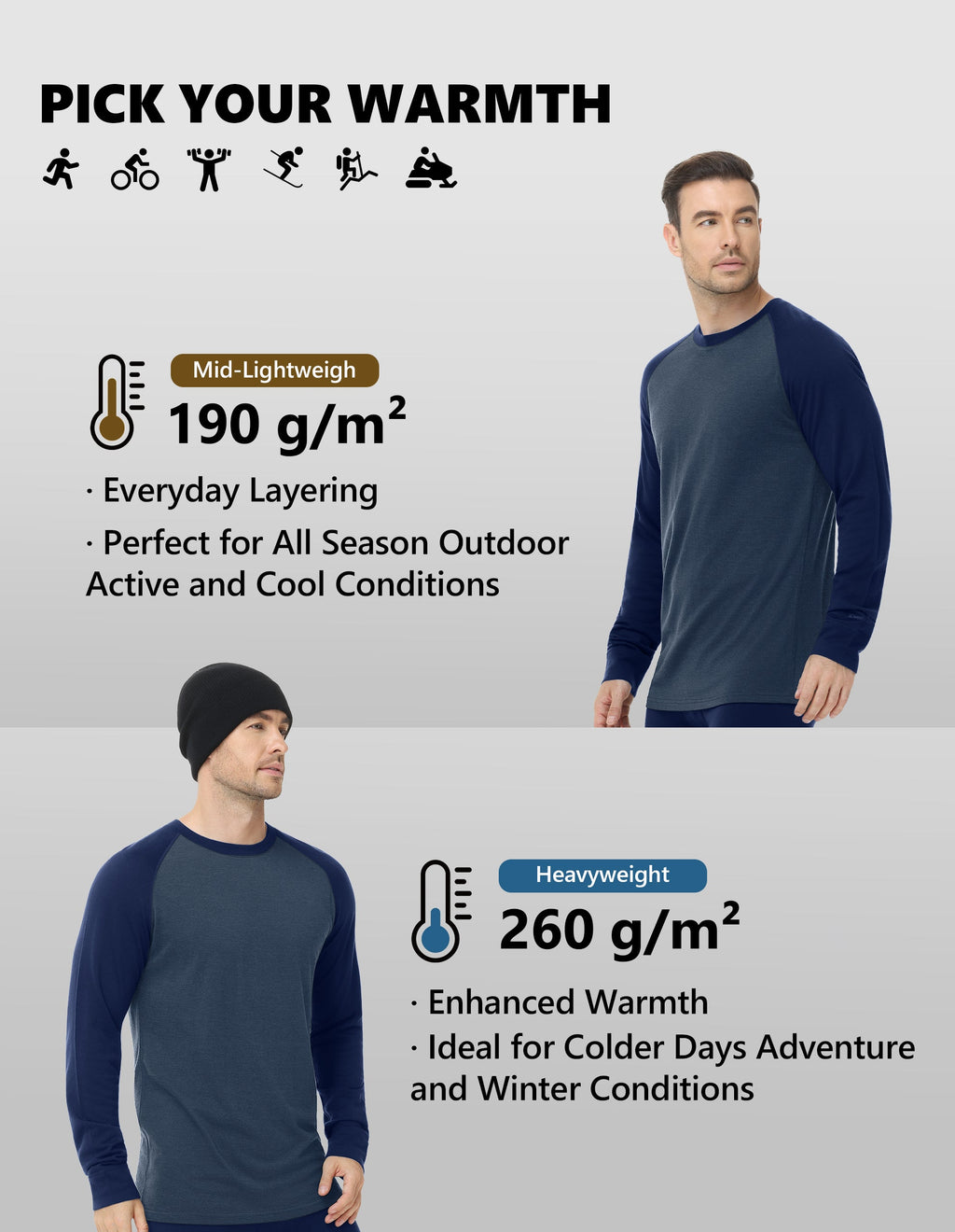 Woolcano Men’s 260g Merino Wool Base Layer Set Lightweight Thermal Underwear