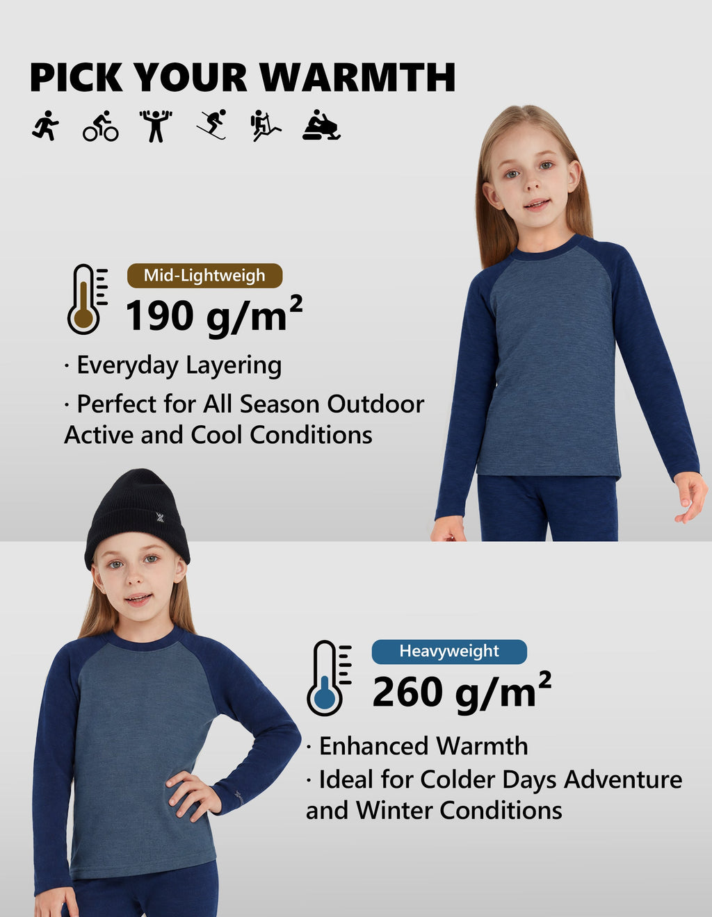 Woolcano Kid's 260g Merino Wool Unisex Base Layer Set Lightweight Thermal Underwear