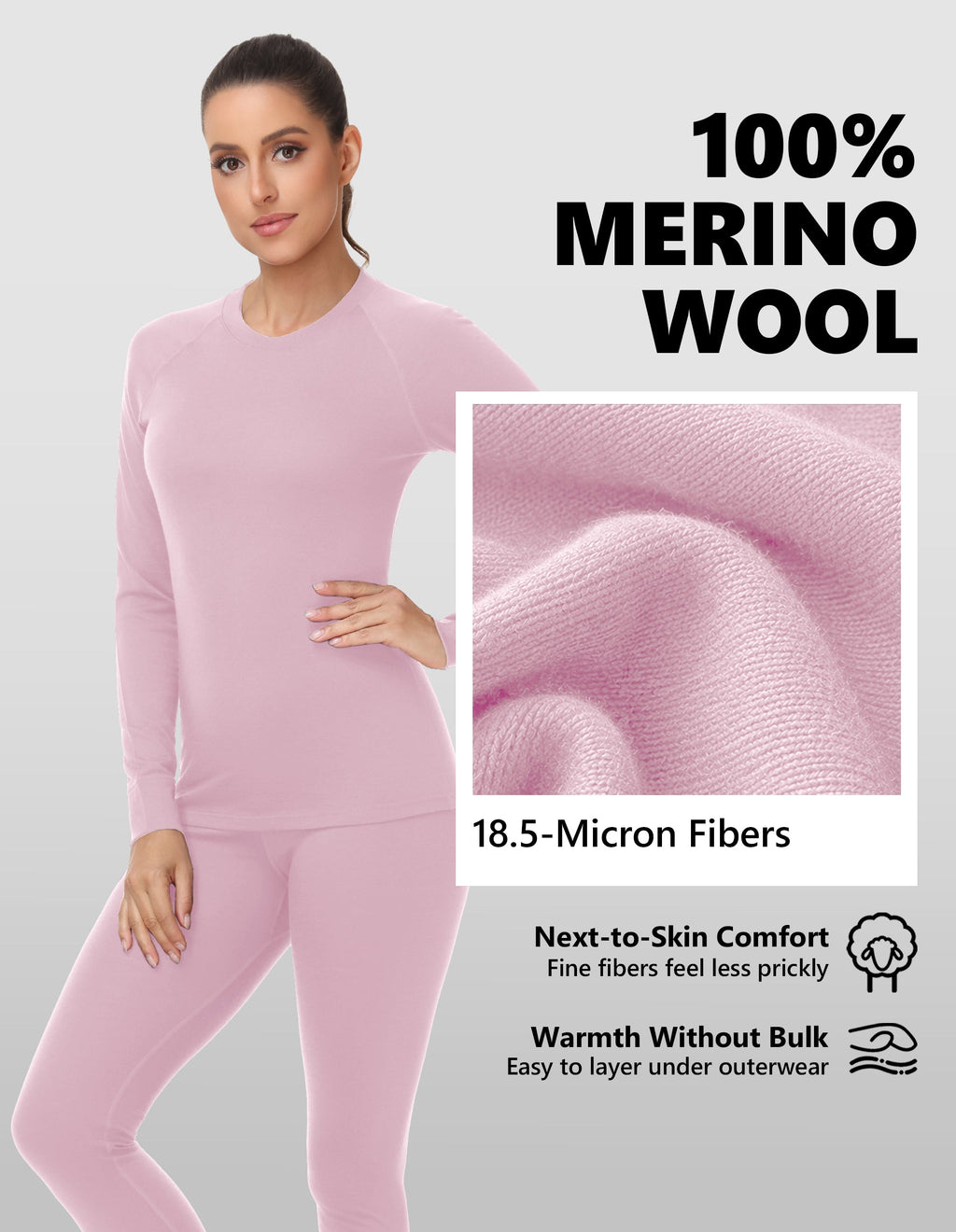 Woolcano Women's 190g Merino Wool Base Layer Set Lightweight Thermal Underwear