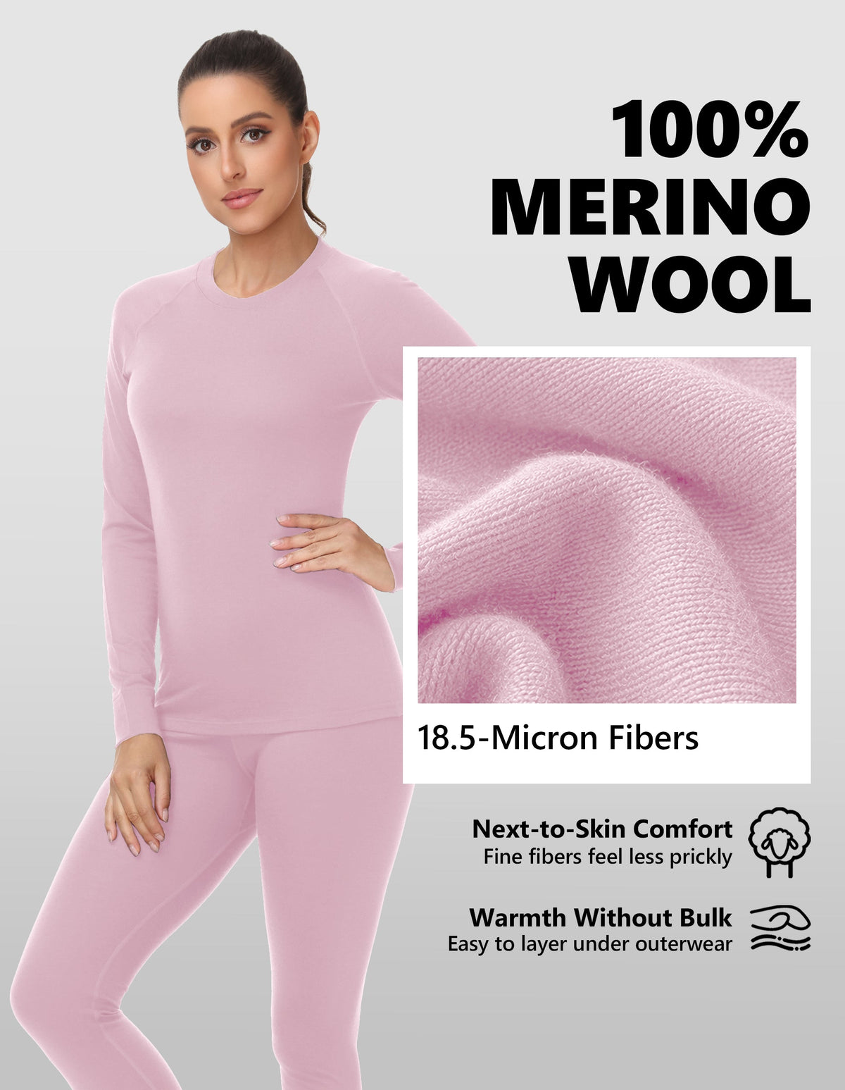 Woolcano Women's 190g Merino Wool Base Layer Set Lightweight Thermal Underwear