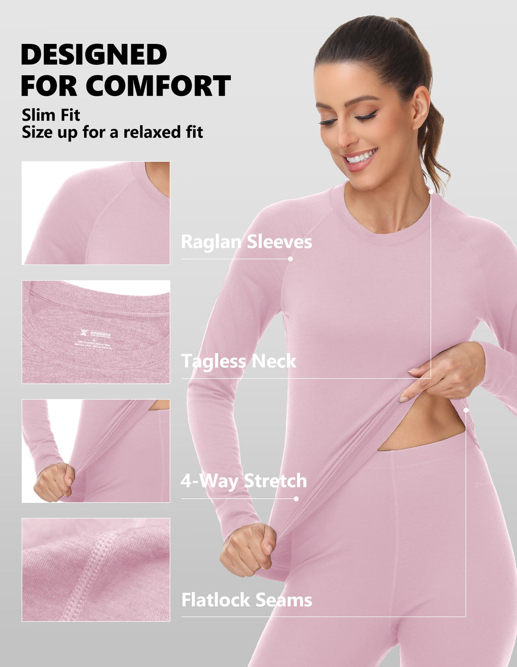 Woolcano Women's 190g Merino Wool Base Layer Set Lightweight Thermal Underwear