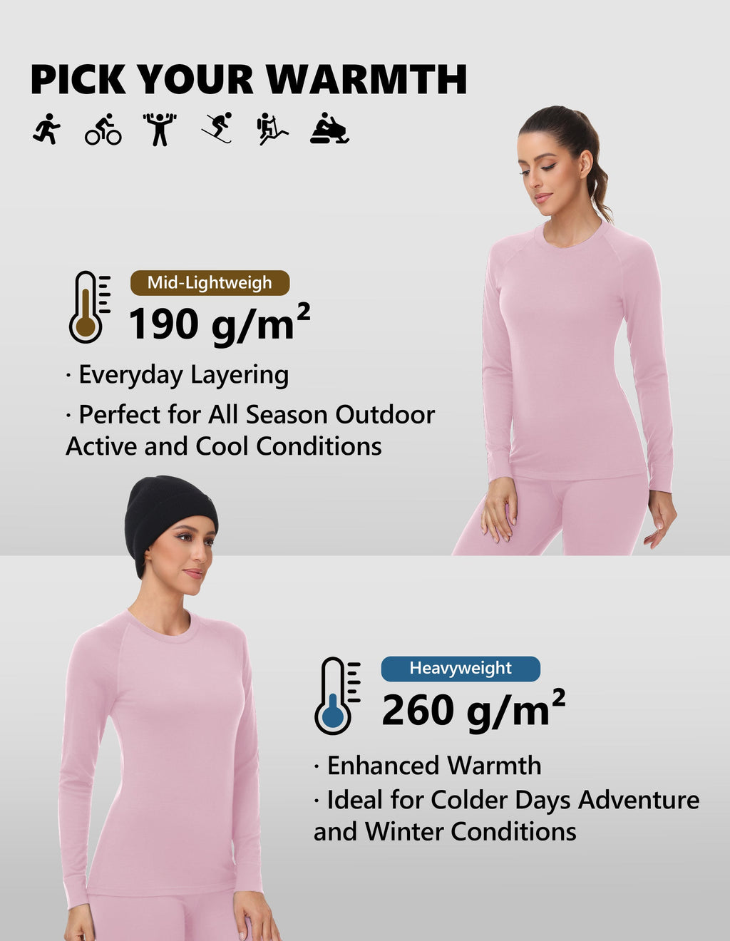 Woolcano Women's 190g Merino Wool Base Layer Set Lightweight Thermal Underwear