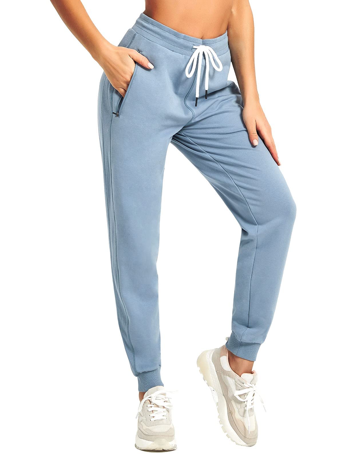 PULI Women's Workout Sweatpants Cotton Jogger Ribber Splicing Lounge Sweat Pants with Zipper Pocket