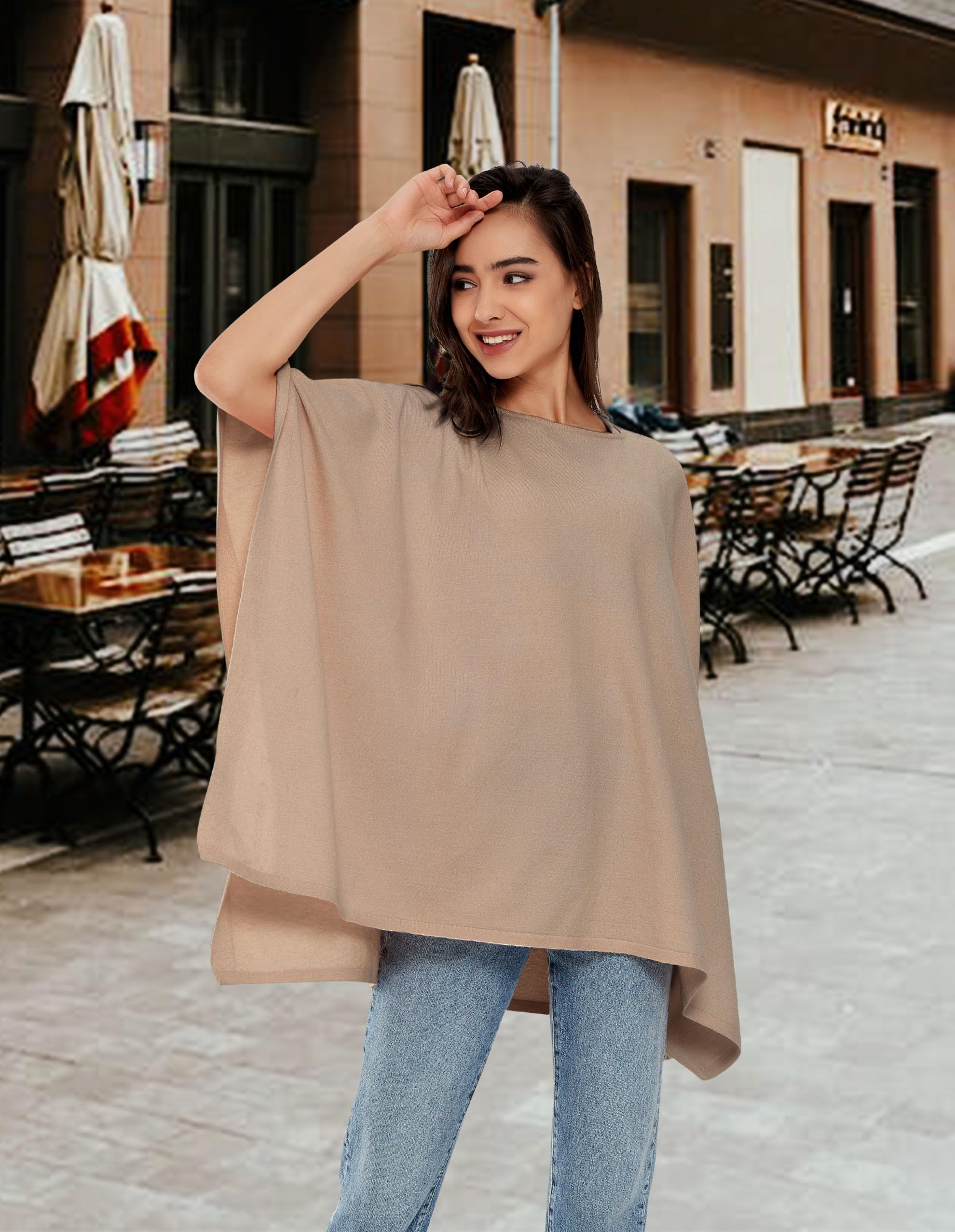 PULI Women's Pullover Poncho Sweater Ponchos Cashmere Feel Shawl Loose Fitting Ponchos Wraps Baggy Tops for Fall