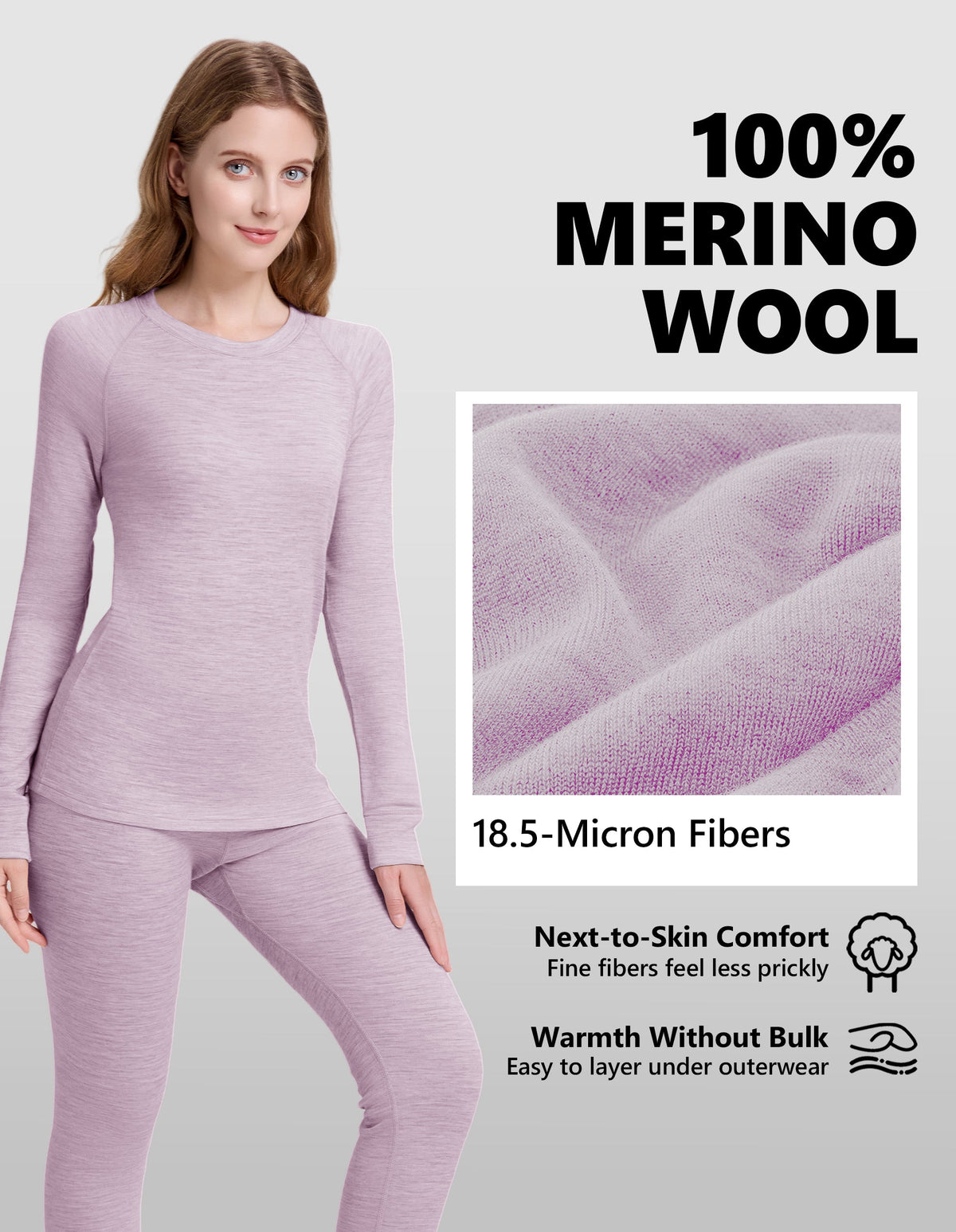 Woolcano Women's 190g Merino Wool Base Layer Set Lightweight Thermal Underwear