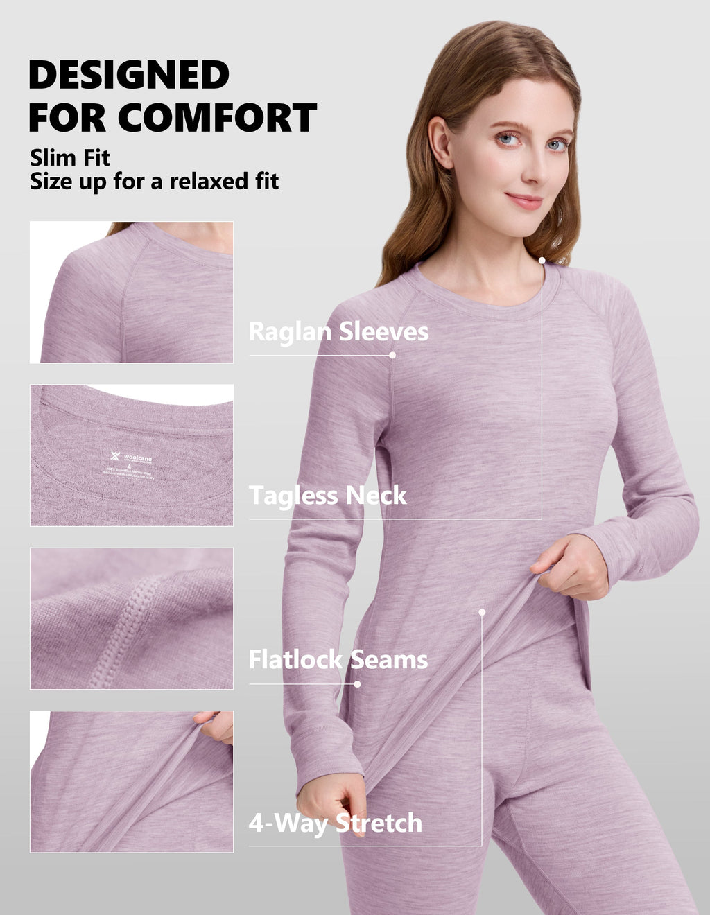 Woolcano Women's 190g Merino Wool Base Layer Set Lightweight Thermal Underwear