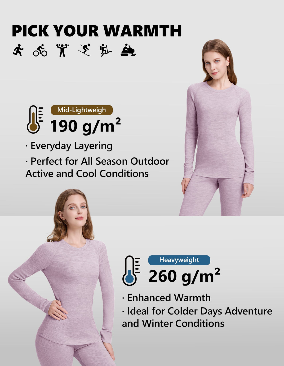 Woolcano Women's 190g Merino Wool Base Layer Set Lightweight Thermal Underwear
