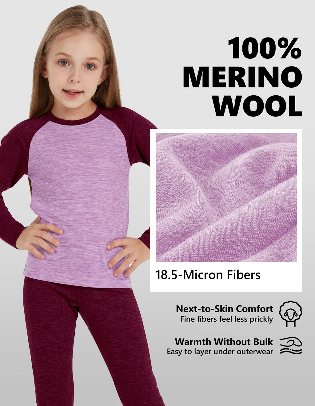 Woolcano Kid's 260g Merino Wool Unisex Base Layer Set Lightweight Thermal Underwear