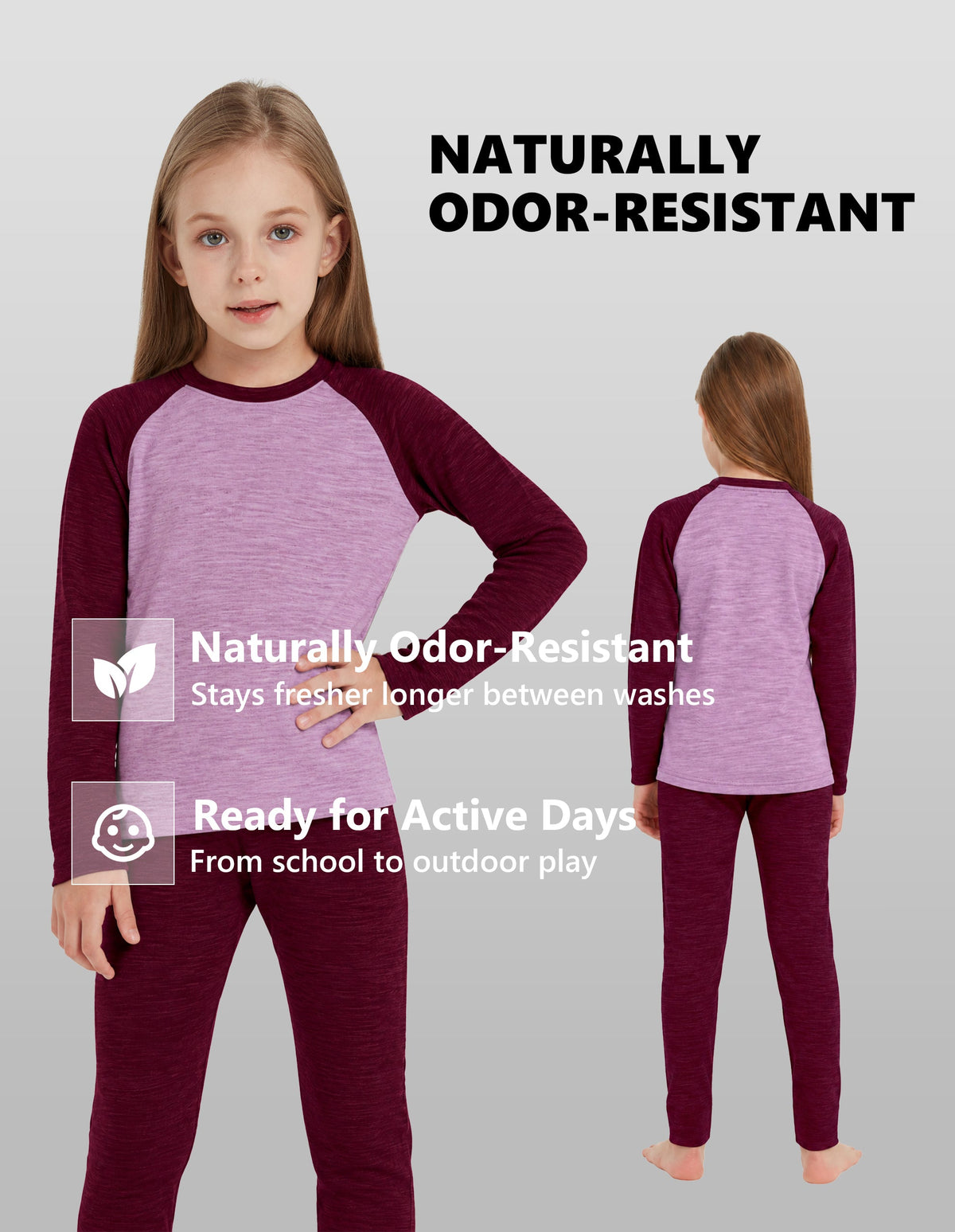 Woolcano Kid's 260g Merino Wool Unisex Base Layer Set Lightweight Thermal Underwear