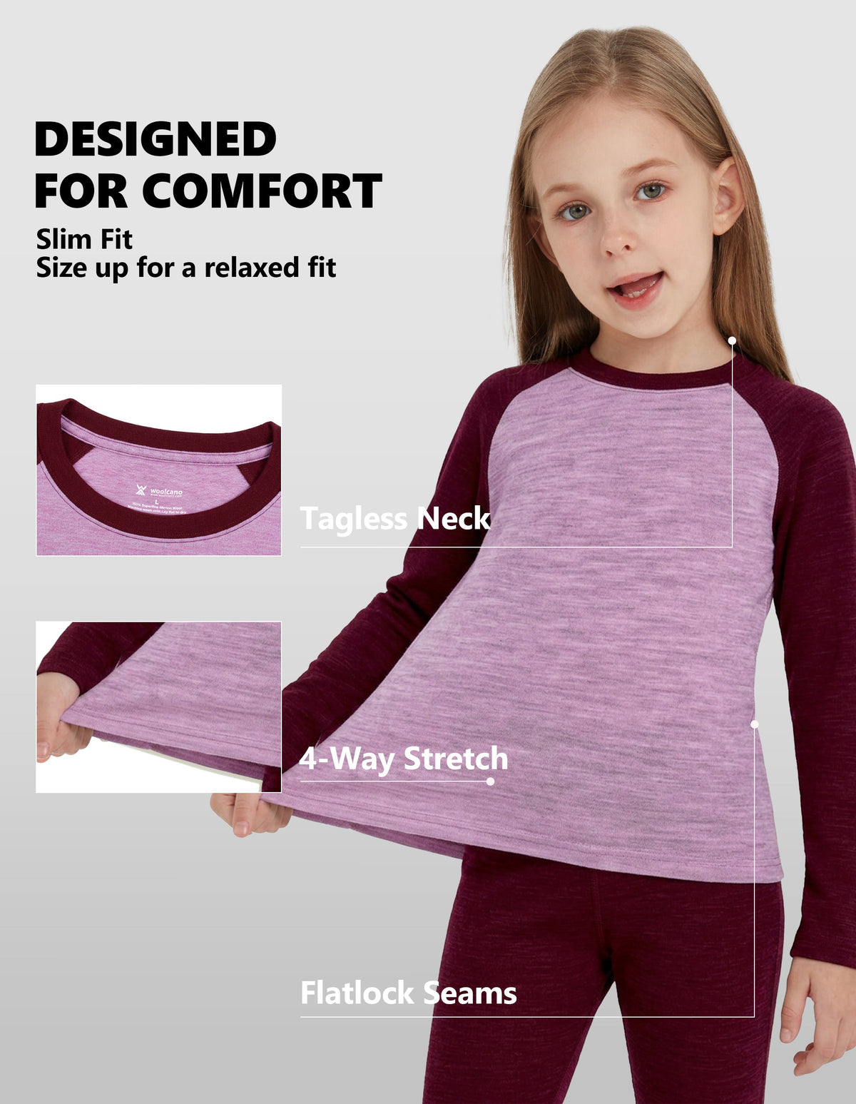 Woolcano Kid's 260g Merino Wool Unisex Base Layer Set Lightweight Thermal Underwear