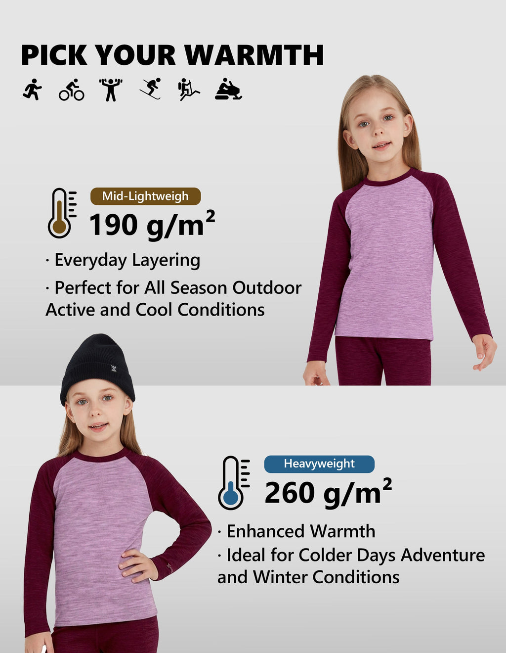 Woolcano Kid's 260g Merino Wool Unisex Base Layer Set Lightweight Thermal Underwear