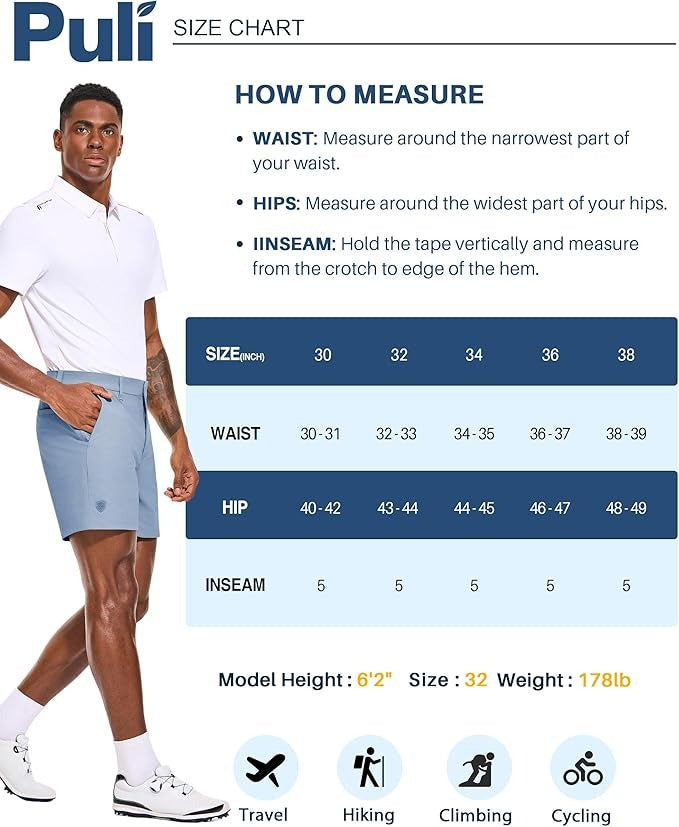 PULI Men's Golf Shorts 5 Inch Stretch Waterproof with 5 Pockets for Travel Hiking Casual Business