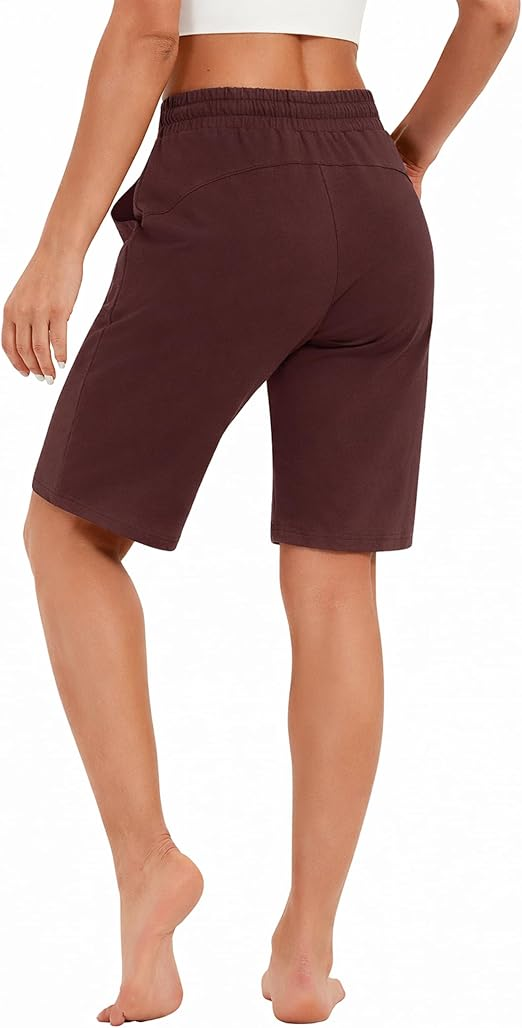 PULI Women's Cotton Sweat Shorts with Pockets  10" Athletic Lounge Sports Workout Bermuda Knee Shorts