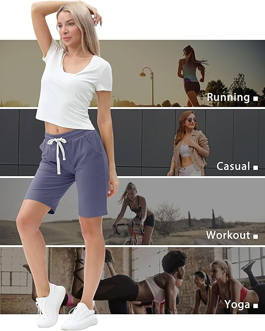 PULI Women's Cotton Sweat Shorts with Pockets  10" Athletic Lounge Sports Workout Bermuda Knee Shorts