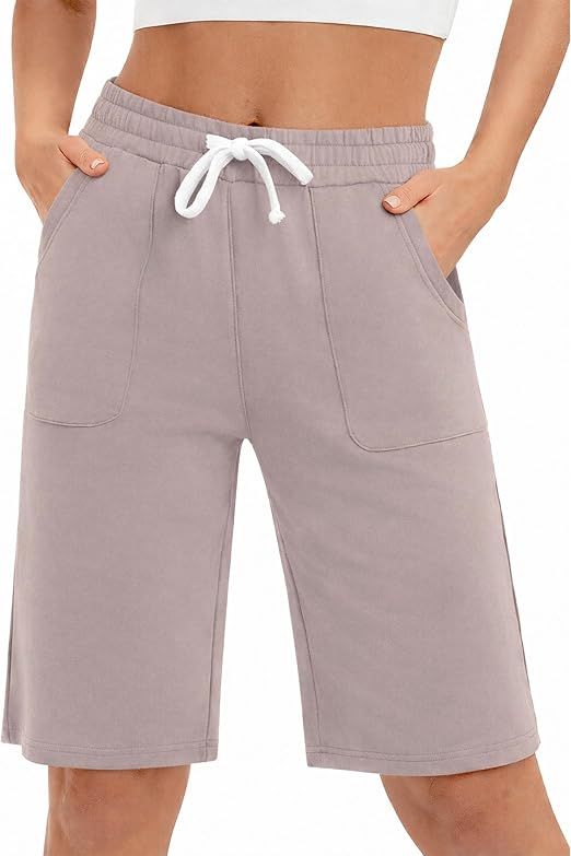 PULI Women's Cotton Sweat Shorts with Pockets  10" Athletic Lounge Sports Workout Bermuda Knee Shorts