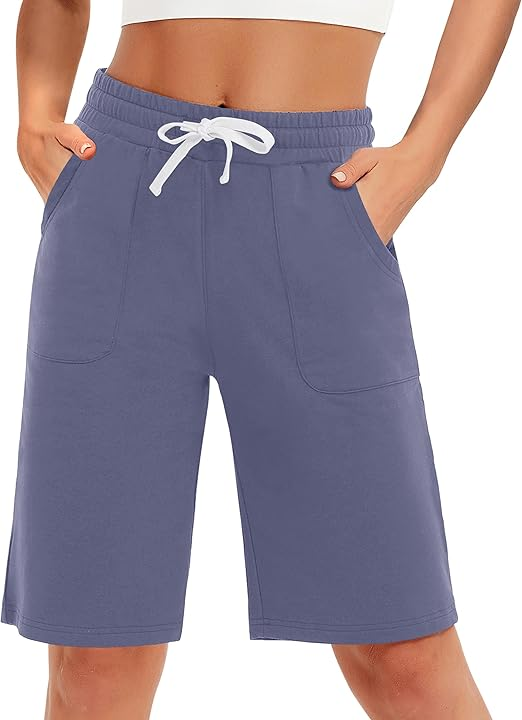 PULI Women's Cotton Sweat Shorts with Pockets  10" Athletic Lounge Sports Workout Bermuda Knee Shorts