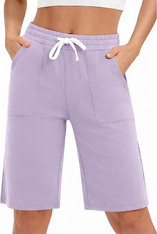 PULI Women's Cotton Sweat Shorts with Pockets  10" Athletic Lounge Sports Workout Bermuda Knee Shorts