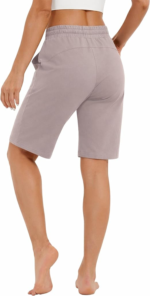 PULI Women's Cotton Sweat Shorts with Pockets  10" Athletic Lounge Sports Workout Bermuda Knee Shorts