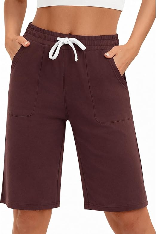 PULI Women's Cotton Sweat Shorts with Pockets  10" Athletic Lounge Sports Workout Bermuda Knee Shorts
